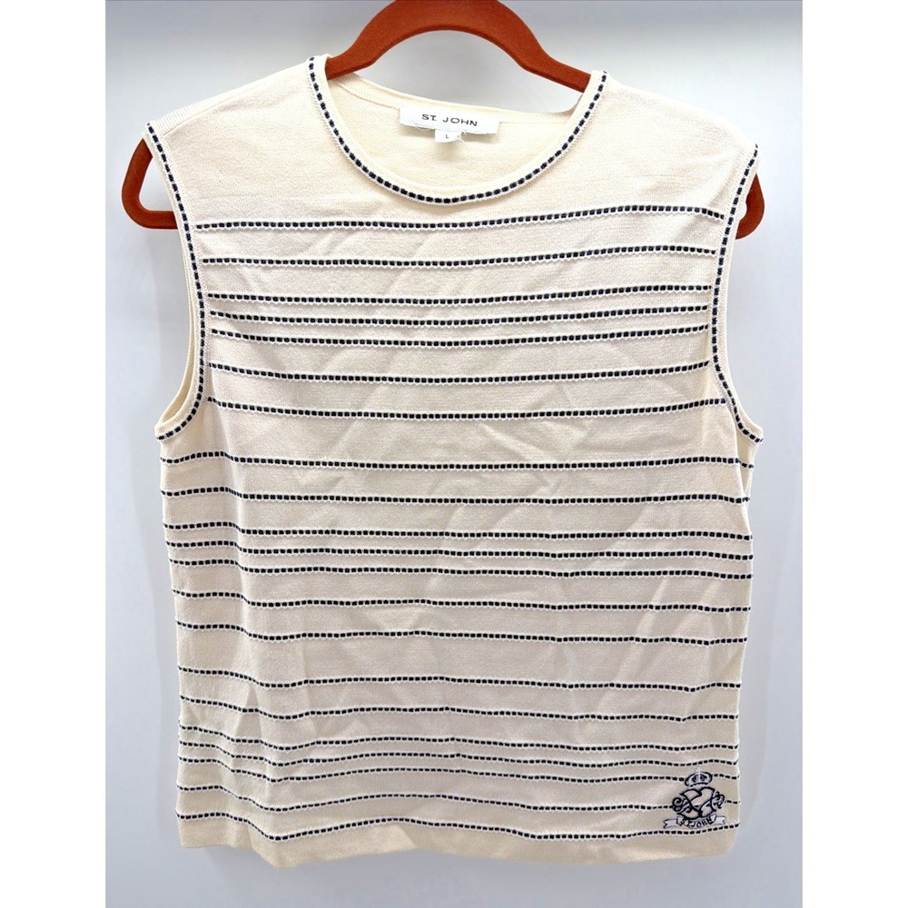 St. John Tank Top Sleeveless Striped Beige Cotton Women L Nautical‎ Coastal VTG